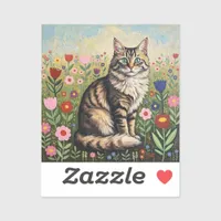 Fluffy Gray Tabby Cat and Folk Art Flowers Sticker