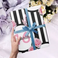 Sweet 16 chic pink roses black white stripes wrapping paper