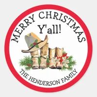 Merry Christmas Y'all Country and Western Rustic Classic Round Sticker