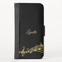 Black gold music notes name iPhone x wallet case