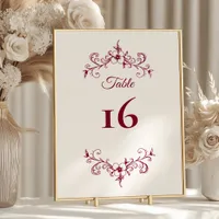 Elegant Vintage Romance Burgundy Floral Wedding Table Number