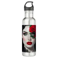 Beautiful Woman with Green Eyes and Red Rose Stainless Steel Water Bottle