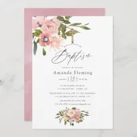 Watercolor Blush Pink and Rose Gold Floral Baptism Invitation