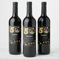 50th birthday black gold stars photo wine label