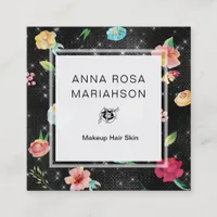 ** Modern Floral Rose Pattern Silver Glitter Square Business Card
