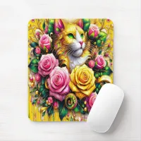 Feline Amidst a Vibrant Floral Bloom Mouse Pad