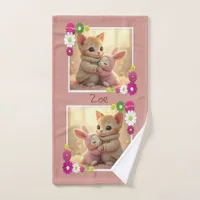 Adorable kitten and tiny baby bunny, personalized  hand towel 