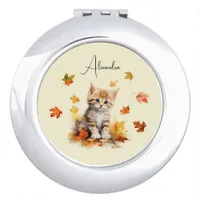 Cute Orange Tabby Kitten in Fall Leaves Compact Mirror