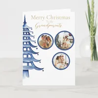 Blue Christmas Pagoda Tree Grandparent 3-Photo  Card