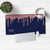 Navy Blue Rose Gold Sparkle Glitter Drips Monogram Desk Mat