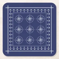 Nautical Ships Compass and Anchors Navy Blue Square Paper Coaster