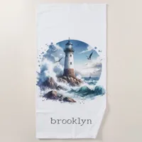 Modern Coastal Beach Lighthouse  Beach Towel