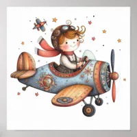 Child Flying Old Airplane Whimsical Nursery Art Poster