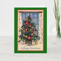 Happy Christmas Vintage Tree Home Scene Holiday Card