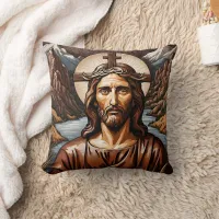 Jesus Surrounded by Mountains and River Throw Pillow