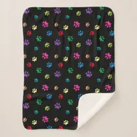 Rainbow Painted Paw Prints on Black Sherpa Blanket