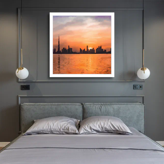 Sunset over a seaside town - watercolor photo print