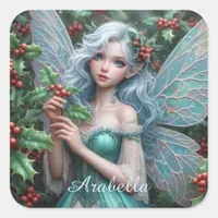 Beautiful December Fairy in Holly Square Sticker