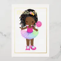 Pink and Gold African American Candy Tutu Birthday Foil Invitation