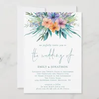 Tropical Florals Florals 3 Photos QR Teal Wedding Invitation