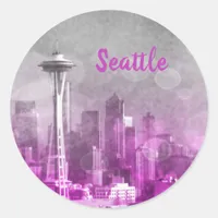 Pink and Grey Bokeh Seattle Skyline Classic Round Sticker