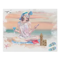 *~* Woman phone beach Faux Canvas Print