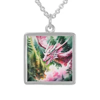 Fire breathing dragon vibrant pink scales sterling silver necklace