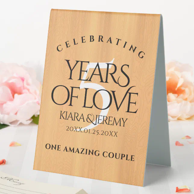 Elegant 5th Wood Wedding Anniversary Celebration Table Tent Sign