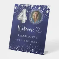 40th Birthday blue silver stars photo welcome Pedestal Sign