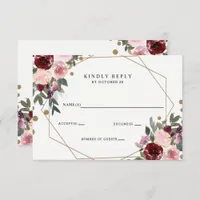 Floral Burgundy Gold Glitter Geometric Wedding RSVP Card