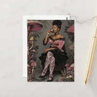 Beautiful Woman Drinks Tea Pink Mushrooms Postcard