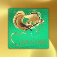 Gold goldfish on green foil monogram | square wall clock