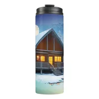 *~* Woods Tree Pine Stream Cabin Night Moon Thermal Tumbler