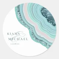 Agate Geode Glitter Wedding Teal ID647 Classic Round Sticker