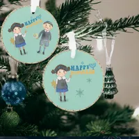 Cute Jewish Couple Happy Hanukkah Teal Ornament