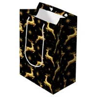 Metallic Gold Black Reindeer Stars Wine, Small, Medium Gift Bag