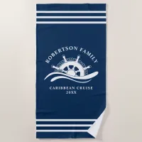 Nautical Family Cruise Ship Wheel Navy Blue Beach Towel