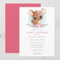 Floral Deer Cute Woodland Doe Girl Baby Shower Invitation