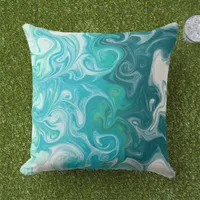 Blue and Green Waves Digital Fluid Art    Outdoor Pillow
