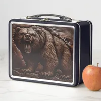 Embossed Leather Grizzly: Fierce Elegance Metal Lunch Box