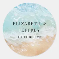 Rustic Watercolor Summer Sea Beach Wedding Classic Round Sticker