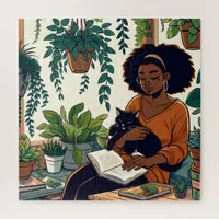 Comic Book Style Woman, Cat and Book Jigsaw Puzzle