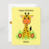 Cute funny baby giraffe for birthday   postcard