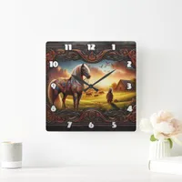 Colorful War Horse in Vibrant Sunset Landscape Square Wall Clock