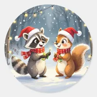 Raccoon and Squirrel Hanging Christmas Lights  Classic Round Sticker