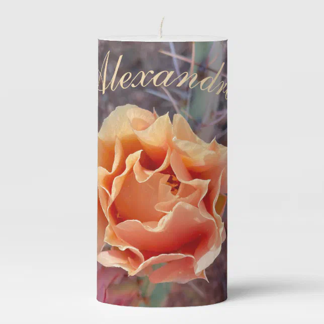 Pretty Peach Prickly Pear Flower Pillar Candle