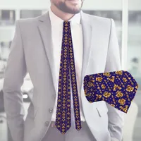 Elegant golden roses on royal blue neck tie