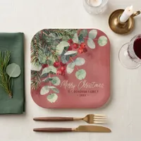Muted Red Watercolor Winter Botanical Christmas Paper Plates