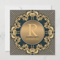 Stylish Dinner Party Monogram Teal Gold Invitation