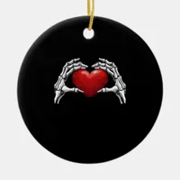 Skeleton Hands Holding A Red Heart Warm Highlight Ceramic Ornament